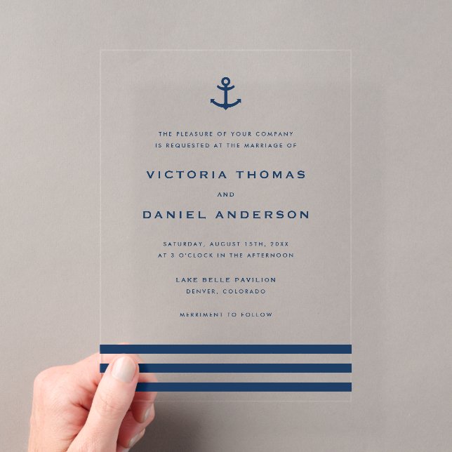 Invitations En Acrylique Ancre bleue marine moderne Mariage nautique (In situ (ordinateur de poche))