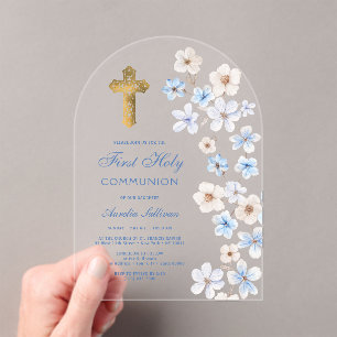 Invitations En Acrylique Anémones Blanches Bleues Arc Première Communion
