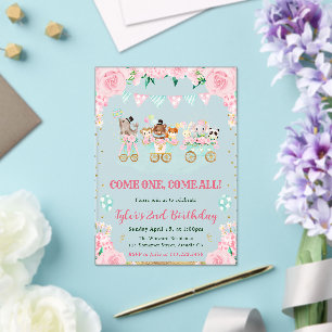 Invitations En Acrylique Animaux de cirque aquarelle rose pour fête d'anniv