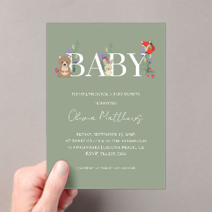 Invitations En Acrylique Animaux de la Forêt Vert Sauge Baby Shower