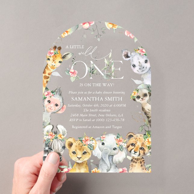 Invitations En Acrylique Animaux de la jungle, Safari, Fleurs, Baby shower (In situ (ordinateur de poche))