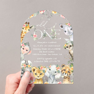 Invitations En Acrylique Animaux de la jungle, Safari, Fleurs, Premier Anni