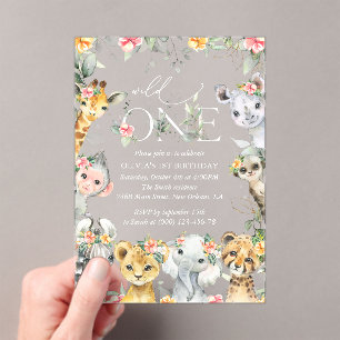 Invitations En Acrylique Animaux de la jungle, Safari, Fleurs, Premier Anni