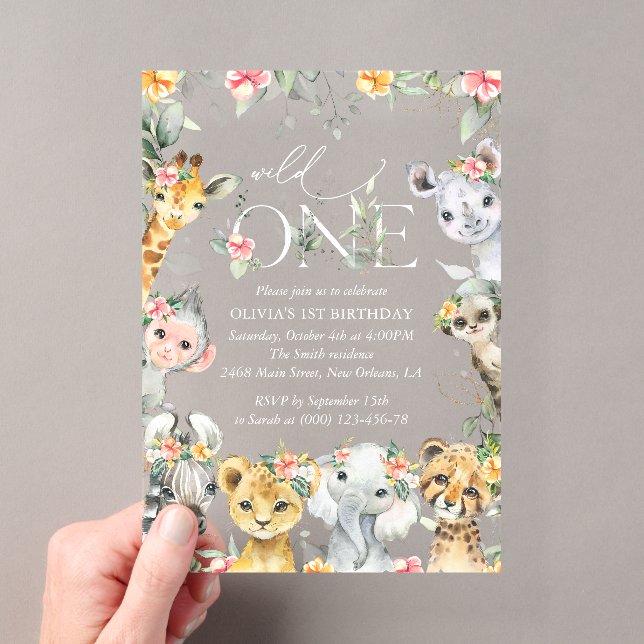 Invitations En Acrylique Animaux de la jungle, Safari, Fleurs, Premier Anni (In situ (ordinateur de poche))