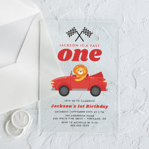 Invitations En Acrylique Anniversaire 1 an Garçon Lion Rouge Voiture de Cou