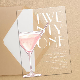 Invitations En Acrylique Anniversaire 21 ans cocktail rose moderne