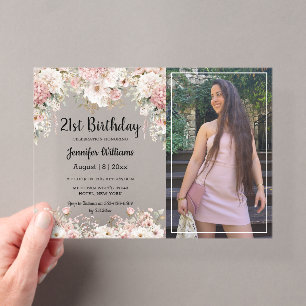 Invitations En Acrylique Anniversaire 21 ans floral rose photo party modern