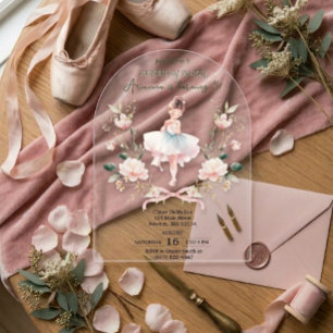 Invitations En Acrylique Anniversaire Ballerine Aquarelle et Ruban Rose Fan