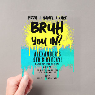 Invitations En Acrylique Anniversaire de Bruh Boy Néon Graffiti Jaune Turqu