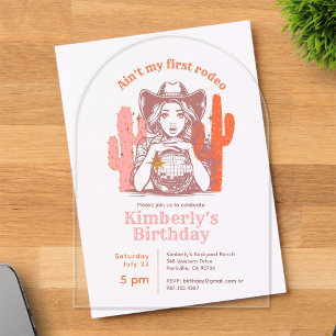 Invitations En Acrylique Anniversaire de Cowgirl Boule Disco Rose Orange Ré