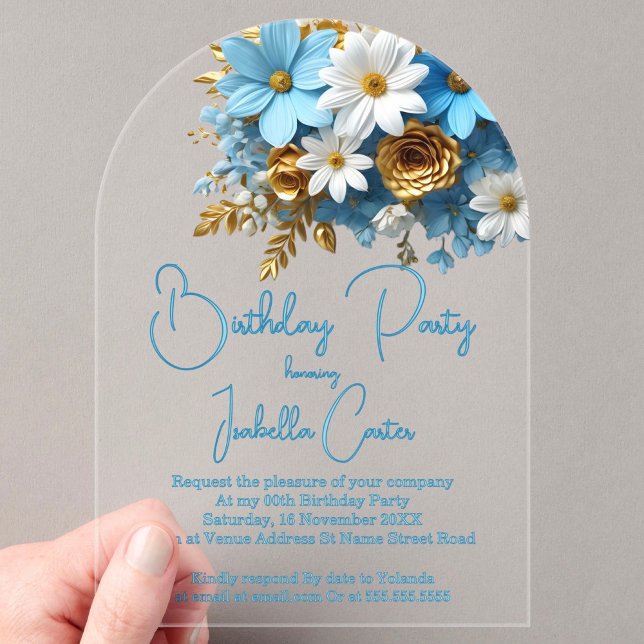 Invitations En Acrylique Anniversaire de fête Poudre Bleu Or Blanc Floral (Créateur téléchargé)