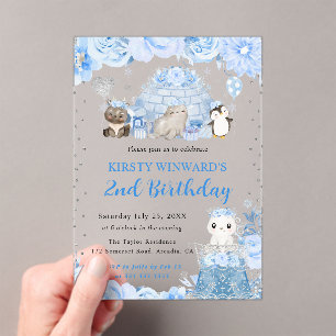 Invitations En Acrylique Anniversaire Enfants Animaux Arctiques Hiver Aquar