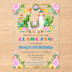 Invitations En Acrylique Anniversaire Enfants Llamas Floral Été Aquarelle
