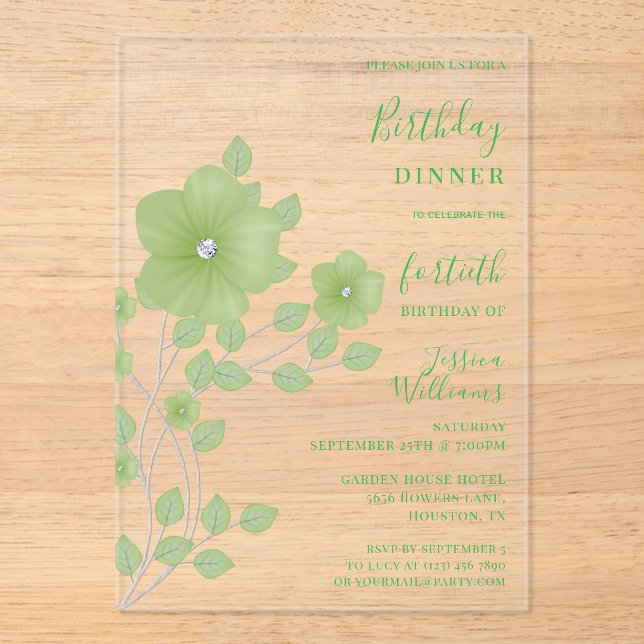 Invitations En Acrylique Anniversaire floral vert diamant sophistiqué (Recto)