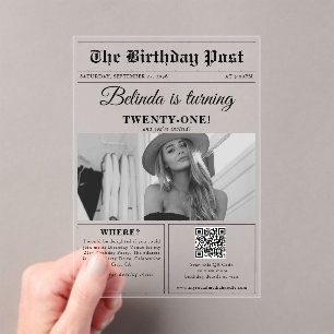 Invitations En Acrylique Anniversaire Journal amusant noir & blanc photo