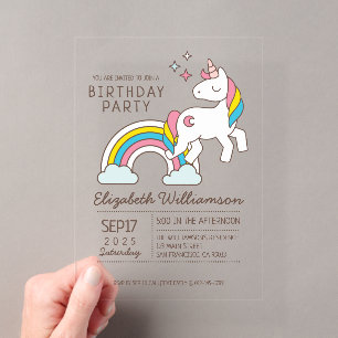 Invitations En Acrylique Anniversaire Licorne Arc-en-Ciel Mignonne Et Paill