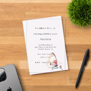 Invitations En Acrylique Anniversaire Papillon Floral Pêche Rosé