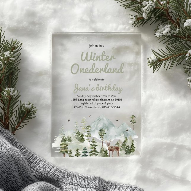 Invitations En Acrylique Anniversaire Winter ONEderland | Cerf aquarelle (Créateur téléchargé)
