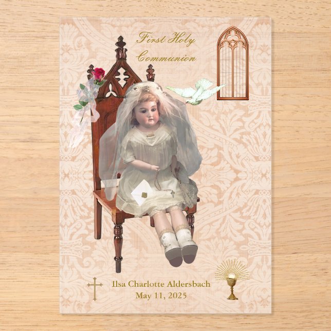 Invitations En Acrylique Antique Poupée Première Communion Acrylique Keepsa (Recto)