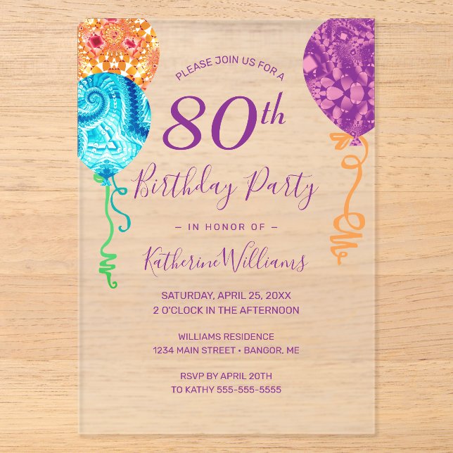 Invitations En Acrylique Aqua moderne violet ballons 80e fête d'anniversair (Recto)