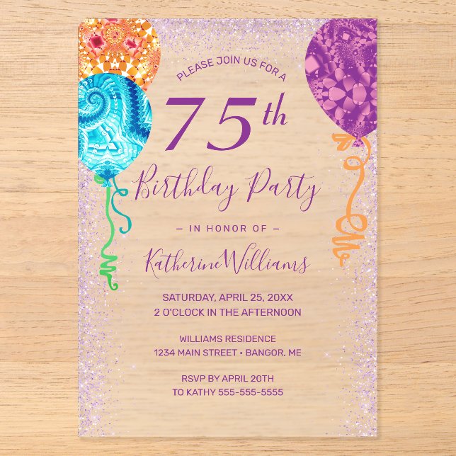 Invitations En Acrylique Aqua Purple Balloons moderne 75e anniversaire fête (Recto)