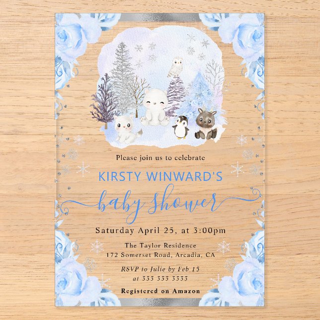 Invitations En Acrylique Aquarelle Animaux arctiques Baby shower floral (Recto)