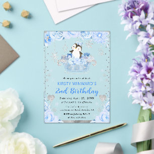 Invitations En Acrylique Aquarelle Arctic Penguin Floral 2e anniversaire