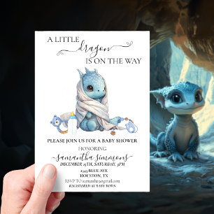 Invitations En Acrylique Aquarelle baby shower Bleu Dragon