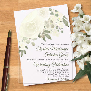 Invitations En Acrylique Aquarelle blanche ivoire Roses Élégant Mariage d'a