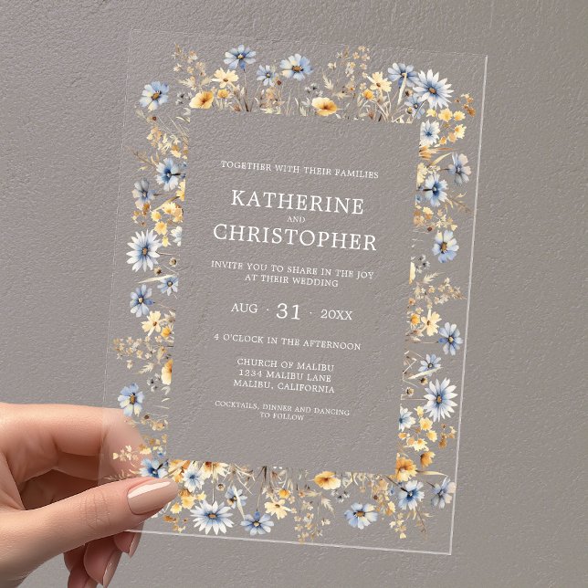 Invitations En Acrylique Aquarelle bleu Dusty Fleurs sauvages Mariage éléga (BOHO Dusty Blue Watercolor Wildflowers Elegant Clear Acrylic Wedding Invitation with White Text.)