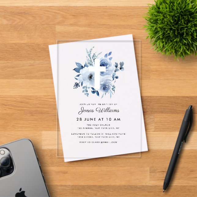 Invitations En Acrylique Aquarelle bleu flores Baptême (Insitu (Carte d'invitation))