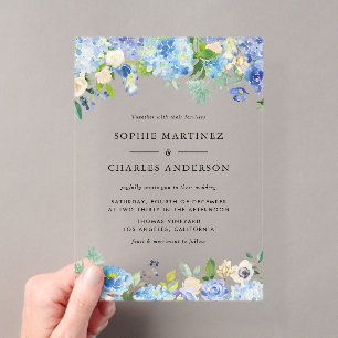Invitations En Acrylique Aquarelle bleu Hydrangea Mariage botanique