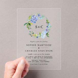 Invitations En Acrylique Aquarelle bleu Hydrangea Mariage de couronnes