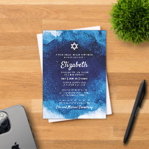 Invitations En Acrylique Aquarelle bleu moderne bat mitzvah