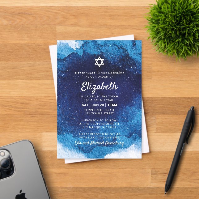 Invitations En Acrylique Aquarelle bleu moderne bat mitzvah (Insitu (Carte d'invitation))