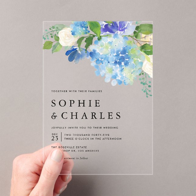 Invitations En Acrylique Aquarelle bleue Hydrangea Hiver Floral Mariage (In situ (ordinateur de poche))