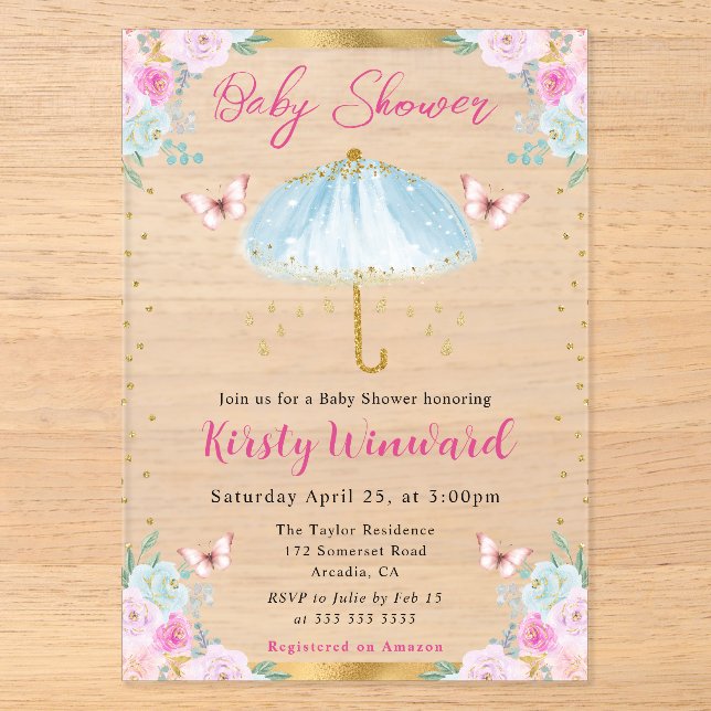 Invitations En Acrylique Aquarelle Blue Gold Spring Baby shower parapluie (Recto)