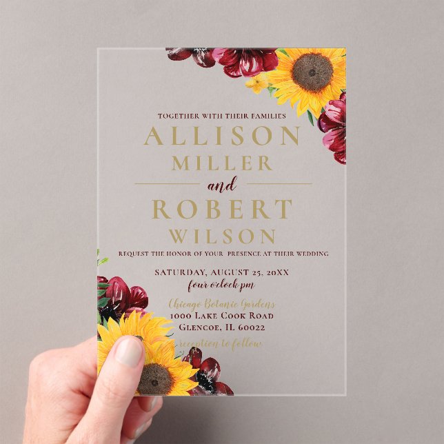 Invitations En Acrylique Aquarelle Burgundy Tournesol Rustique Mariage (In situ (ordinateur de poche))