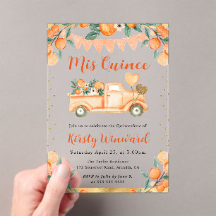 Invitations En Acrylique Aquarelle camion orange et fleurs Quinceanera 