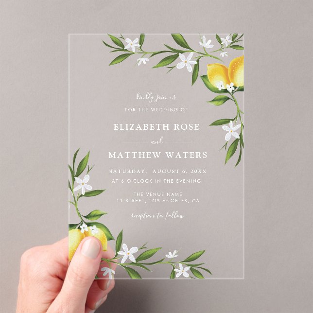 Invitations En Acrylique aquarelle citron feuillage mariage (In situ (ordinateur de poche))
