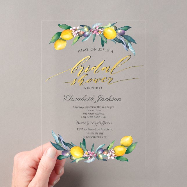 Invitations En Acrylique Aquarelle Citrons Olives Fête des mariées (In situ (ordinateur de poche))