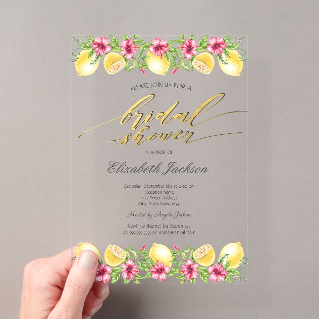 Invitations En Acrylique Aquarelle Citrus Lemons Fête des mariées jaune (In situ (ordinateur de poche))