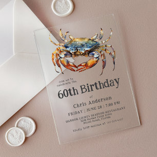 Invitations En Acrylique Aquarelle Crabe bleu Coastal Fruits de mer 60e ann