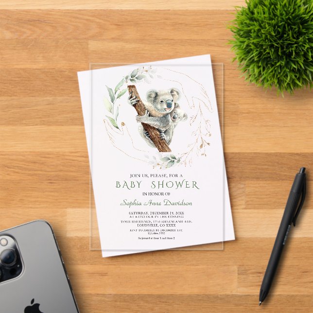 Invitations En Acrylique Aquarelle Cute Koala Baby shower d'or vert (Insitu (Carte d'invitation))