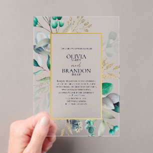 Invitations En Acrylique Aquarelle de mariage au cadre doré et feuilles d'e