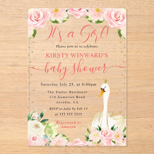 Invitations En Acrylique Aquarelle Élégant Baby shower de cygne floral (Recto)