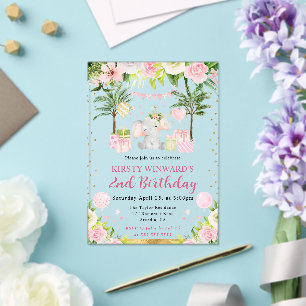 Invitations En Acrylique Aquarelle Éléphant de Jungle Rose Mignon Anniversa