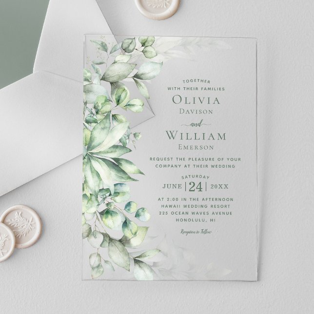 Invitations En Acrylique Aquarelle Eucalyptus Monogramme Sage Mariage vert (Créateur téléchargé)