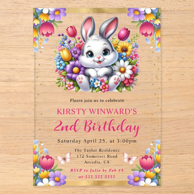 Invitations En Acrylique Aquarelle Fleurs de printemps du lapin de Pâques A (Recto)