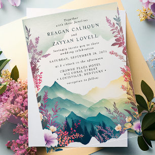 Invitations En Acrylique Aquarelle Floral Montagnes Mariage de Printemps